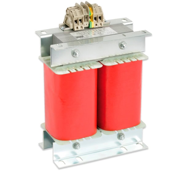 Un transformador eléctrico industrial con dos cilindros rojos, montado sobre una base plateada con un bloque de terminales gris en la parte superior.