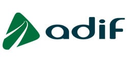 Logotipo de inicio adif (administrador de infraestructuras ferroviarias), caracterizado por un estilizado triángulo verde y la palabra "adif" en letras minúsculas de color gris.