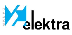 Logotipo de grupo elektra que presenta una letra "m" estilizada de color azul en la página de inicio, junto a la palabra "elektra" en letras minúsculas de color negro.