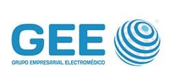 Logotipo de inicio del grupo empresarial electromédico (gee) que presenta el acrónimo "gee" en letras azules en negrita y un símbolo de círculo azul estilizado a la derecha.