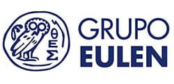 Logotipo de inicio de Grupo Eulen que presenta un búho estilizado posado sobre letras, con el nombre de la empresa "Grupo Eulen" en fuente azul negrita.