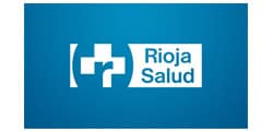 Logotipo de Rioja Salud sobre fondo azul, con una cruz blanca y la palabra "Inicio" al lado.