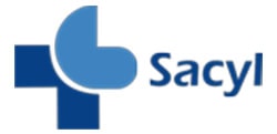 Logotipo de sacyl que presenta un signo más estilizado de color azul adyacente a la palabra "sacyl" escrita en letras mayúsculas de color azul, que simboliza "Inicio".