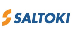 Logotipo de Saltoki, que presenta el nombre de la empresa en azul con un símbolo abstracto naranja a la izquierda, que ilustra un inicio.