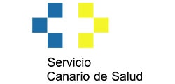 Logotipo del inicio del servicio canario de salud, con un diseño con cruces azules y amarillas encima del texto "servicio canario de salud".