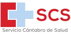 Logotipo del Servicio Cántabro de Salud (SCS) con una gran cruz azul junto a las letras “SCS” en rojo, con el nombre completo "Servicio Cánt