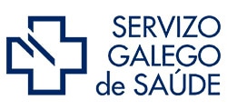 Inicio del logo del Servizo Galego de Saúde presenta una cruz azul junto al texto "Servizo Galego de Saúde" en azul y gris sobre fondo blanco.