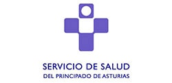 Logotipo de inicio del servicio de salud del principado de Asturias, que presenta una cruz morada estilizada con texto debajo.