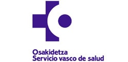 Inicio de la página del logo de osakidetza-servicio vasco de salud, que muestra una cruz estilizada en blanco y una figura humana en morado sobre un fondo