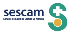 Logotipo de sescam (servicio de salud de castilla-la mancha) que presenta una 's' verde estilizada con un círculo amarillo, junto con el texto azul "sescam" y un logotipo completo